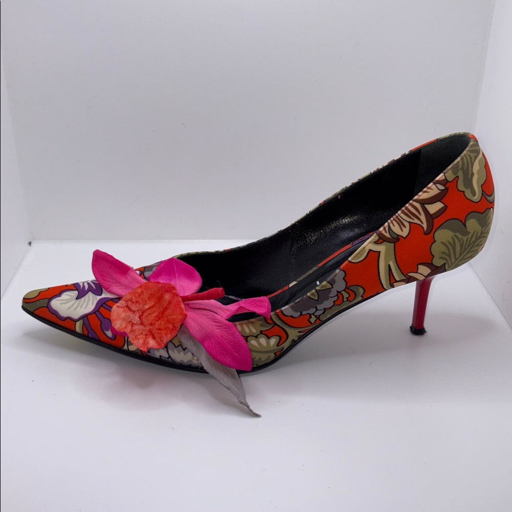 CASADEI Maui Italian Made Pumps Heels Stiletto Leather Sole 8.5 Floral Tropical - Picture 2 of 10